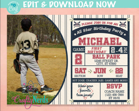 Vintage Baseball Birthday Invitation With Photo, Retro Sport Invitation | Editable Instant Download | Edit Online NOW Corjl | INSTANT ACCESS