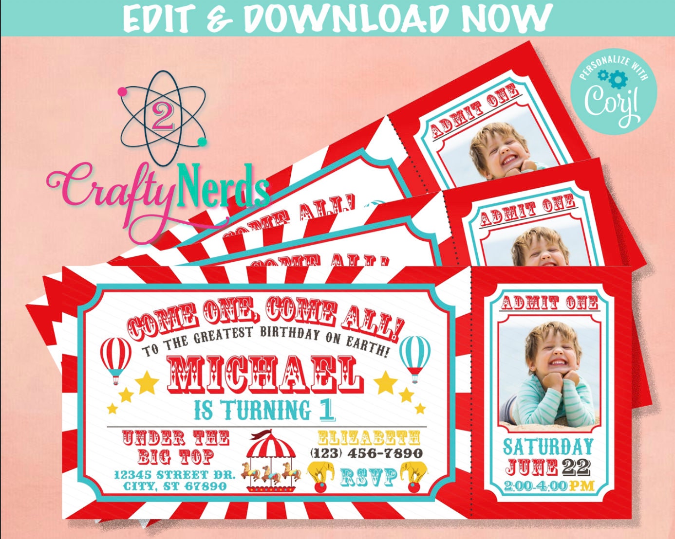 Carnival Ticket Birthday Invitation With Picture, Circus invitation Photo | Editable Instant Download Edit Online NOW Corjl | INSTANT ACCESS