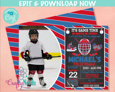 Hockey Birthday Invitation With Photo, Sport Ice Hockey Birthday Party | Editable Instant Download | Edit Online NOW Corjl | INSTANT ACCESS