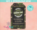 Army Birthday Thank You Tag, Army Tag, Army Label, Army Favor Label | Editable Instant Download | Edit Online NOW Corjl | INSTANT ACCESS
