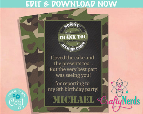 Army Birthday Thank You Card, Army Thank You Note, Army Party  | Editable Instant Download | Edit Online NOW Corjl | INSTANT ACCESS T1