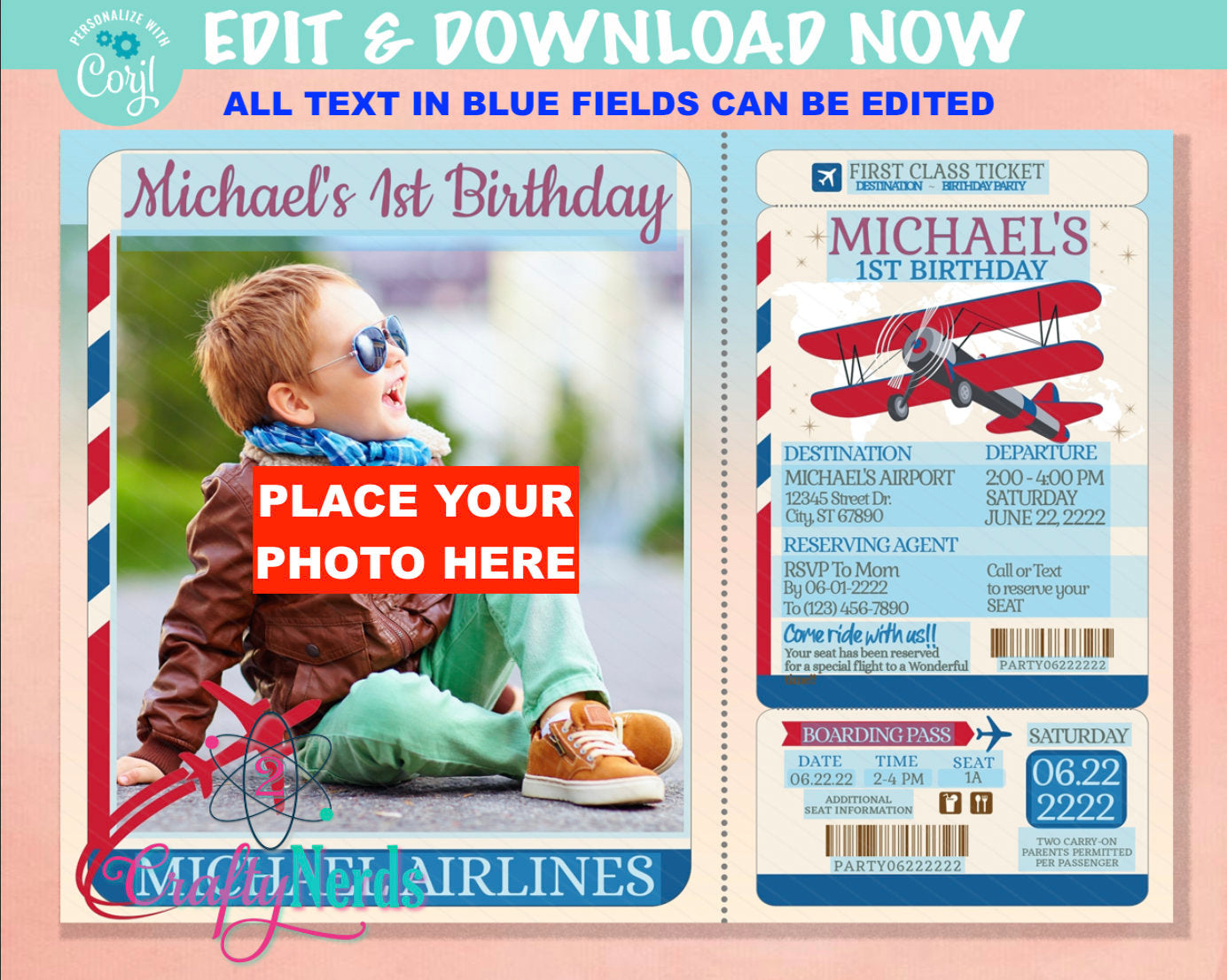 Airplane Ticket Birthday Invitation With Photo, Airplane Party, Vintage | Editable Instant Download | Edit Online NOW Corjl | INSTANT ACCESS