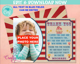 Circus Carnival Birthday Thank You Card With Photo, Circus Party | Editable Instant Download | Edit Online NOW Corjl | INSTANT ACCESS