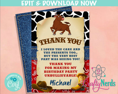 Rodeo Cowboy Birthday Thank You Card, Rodeo Birthday, Rodeo Party  | Editable Instant Download | Edit Online NOW Corjl | INSTANT ACCESS T1