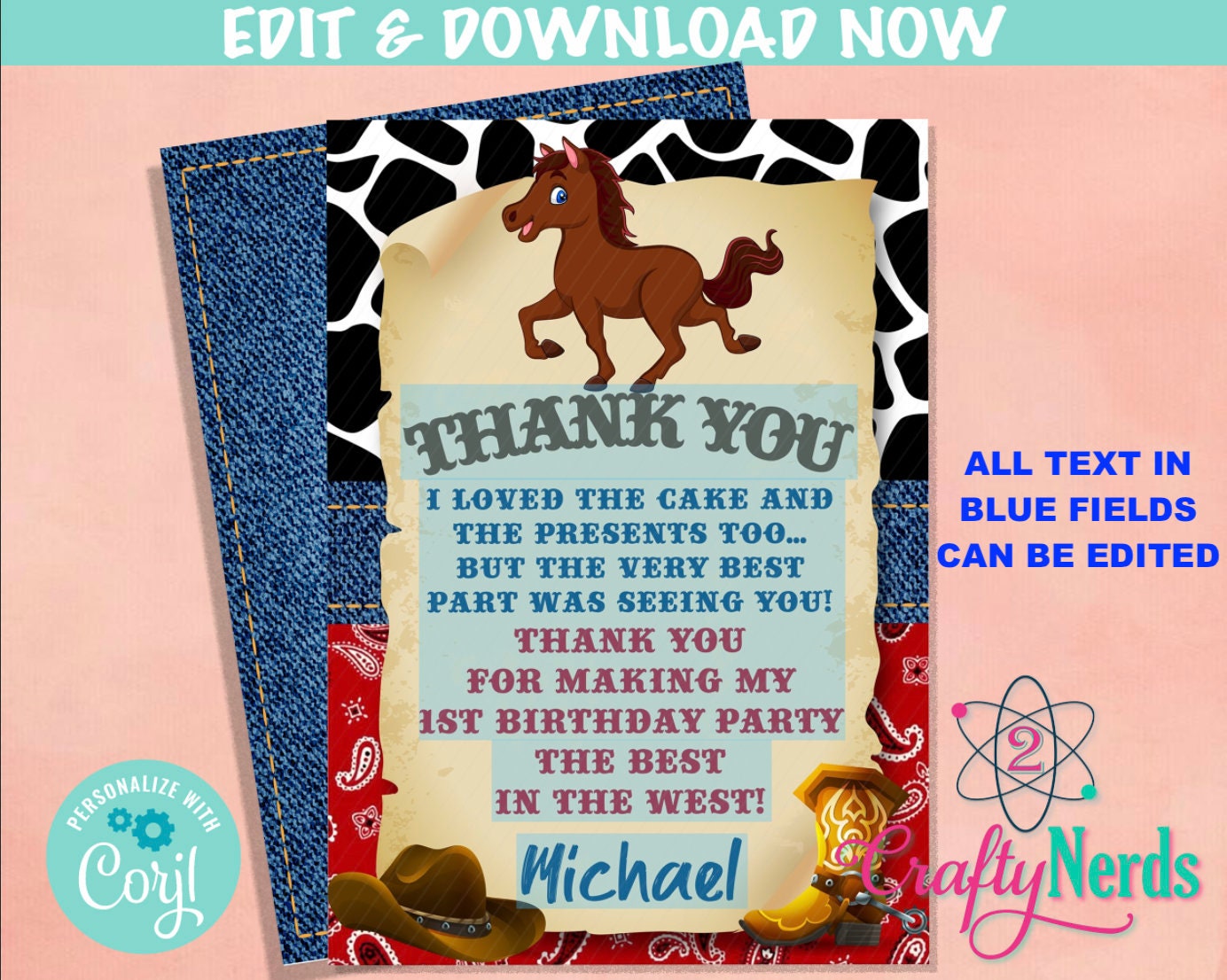 Rodeo Cowboy Birthday Thank You Card, Rodeo Birthday, Rodeo Party  | Editable Instant Download | Edit Online NOW Corjl | INSTANT ACCESS T1