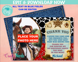 Cowboy Birthday Thank You Card With Photo, Rodeo Birthday Party  | Editable Instant Download | Edit Online NOW Corjl | INSTANT ACCESS T1