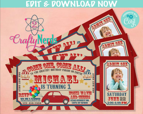 Drive By Circus Carnival Ticket Birthday Invitation with Photo, Party | Editable Instant Download | Edit Online NOW Corjl | INSTANT ACCESS