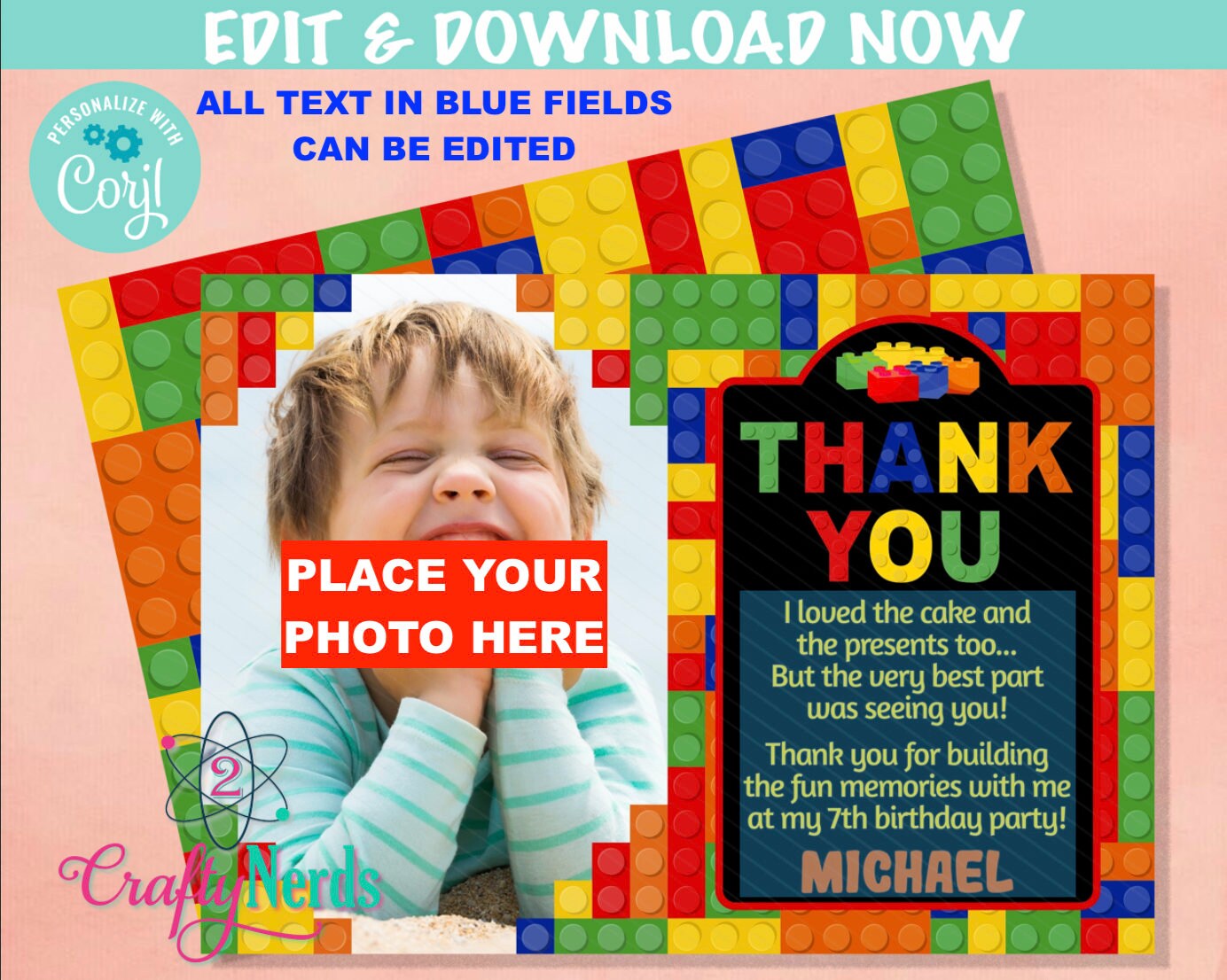 Building Blocks Birthday Thank You Card With Photo, Blocks Thank You | Editable Instant Download | Edit Online NOW Corjl | INSTANT ACCESS