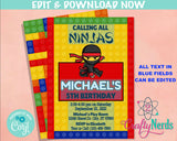 Ninja Building Blocks Birthday Invitation, Blocks Birthday Party Bricks | Editable Instant Download | Edit Online NOW Corjl | INSTANT ACCESS