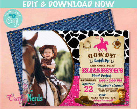 Cowgirl Rodeo Birthday Invitation With Photo, Western Party First Rodeo | Editable Instant Download | Edit Online NOW Corjl | INSTANT ACCESS