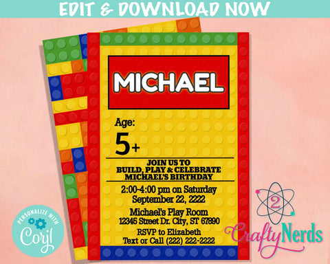 Colorful Building Blocks Birthday Invitation, Blocks Birthday Party | Editable Instant Download | Edit Online NOW Corjl | INSTANT ACCESS