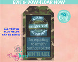 Army Birthday Thank You Tag, Army Tag, Army Label, Army Favor Label | Editable Instant Download | Edit Online NOW Corjl | INSTANT ACCESS