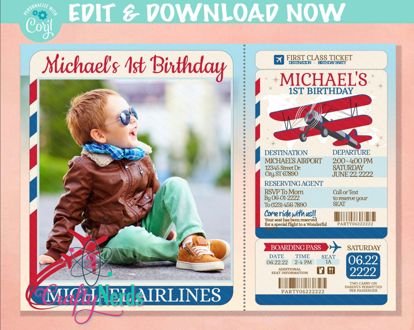 Airplane Ticket Birthday Invitation With Photo, Airplane Party, Vintage | Editable Instant Download | Edit Online NOW Corjl | INSTANT ACCESS