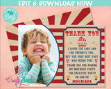 Circus Carnival Birthday Thank You Card With Photo, Circus Party | Editable Instant Download | Edit Online NOW Corjl | INSTANT ACCESS