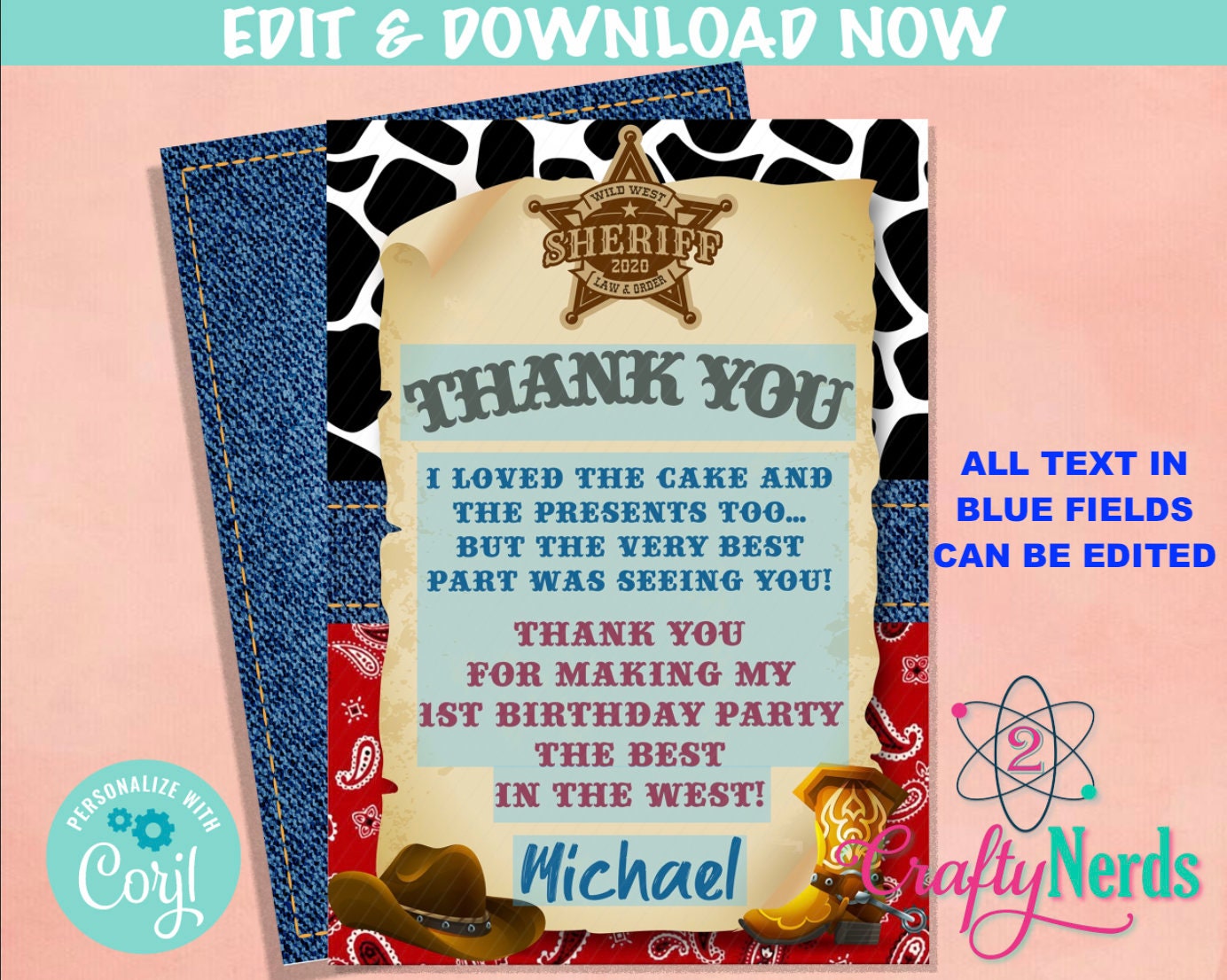 Cowboy Birthday Thank You Card, Cowboy Birthday, Cowboy Party  | Editable Instant Download | Edit Online NOW Corjl | INSTANT ACCESS T1