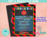 Firefighter Birthday Thank You Card, Firefighter Birthday Party | Editable Instant Download | Edit Online NOW Corjl | INSTANT ACCESS T1