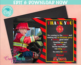 Firefighter Birthday Thank You Card With Photo, Firefighter Party | Editable Instant Download | Edit Online NOW Corjl | INSTANT ACCESS T1