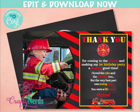 Firefighter Birthday Thank You Card With Photo, Firefighter Party | Editable Instant Download | Edit Online NOW Corjl | INSTANT ACCESS T1