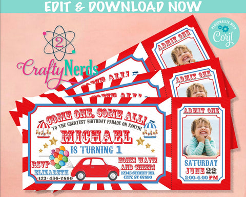 Drive By Circus Carnival Ticket Birthday Invitation with Photo, Party | Editable Instant Download | Edit Online NOW Corjl | INSTANT ACCESS