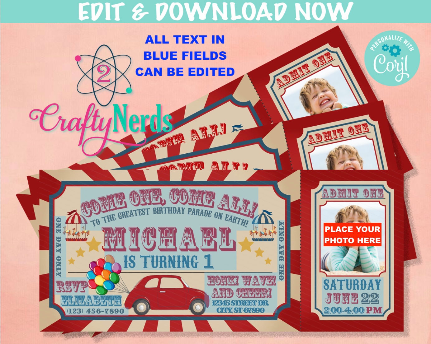 Drive By Circus Carnival Ticket Birthday Invitation with Photo, Party | Editable Instant Download | Edit Online NOW Corjl | INSTANT ACCESS
