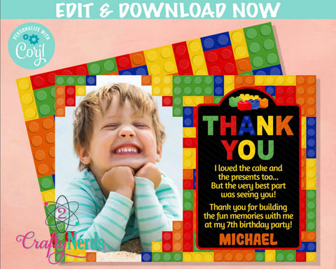 Building Blocks Birthday Thank You Card With Photo, Blocks Thank You | Editable Instant Download | Edit Online NOW Corjl | INSTANT ACCESS