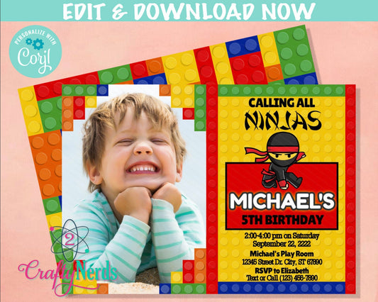 Ninja Building Blocks Birthday Invitation with Picture, with Photo | Editable Instant Download | Edit Online NOW Corjl | INSTANT ACCESS