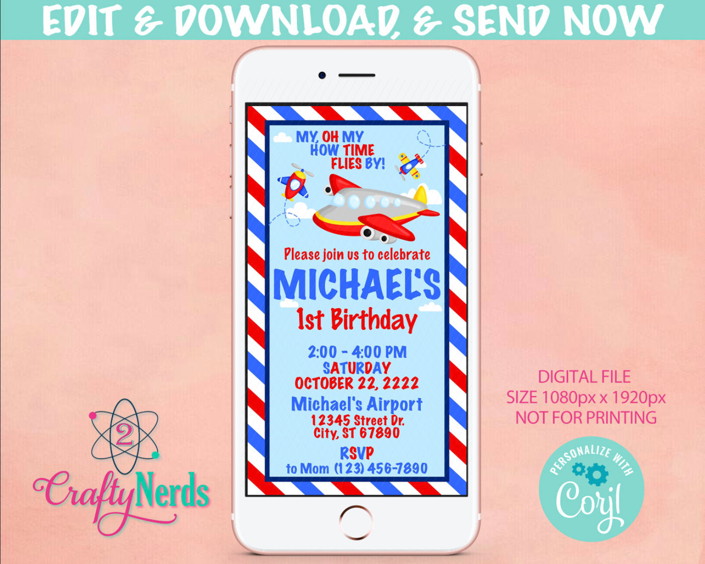 Airplane Ticket Birthday Electronic Invitation, First Birthday Evite | Editable Instant Download | Edit Online NOW Corjl | INSTANT ACCESS