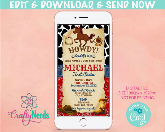 Cowboy Horse Rodeo Birthday Party Electronic Invitation, Rodeo Evite | Editable Instant Download | Edit Online NOW Corjl | INSTANT ACCESS