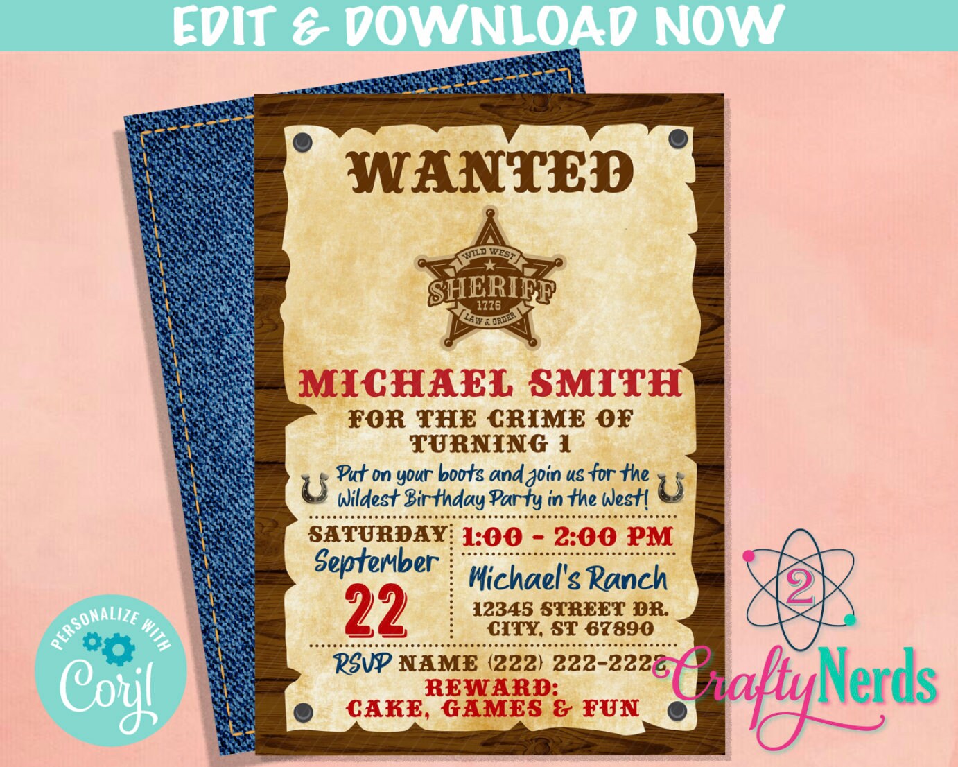 Wanted Cowboy Wild West Birthday Invitation With Photo, Western Party | Editable Instant Download | Edit Online NOW Corjl | INSTANT ACCESS