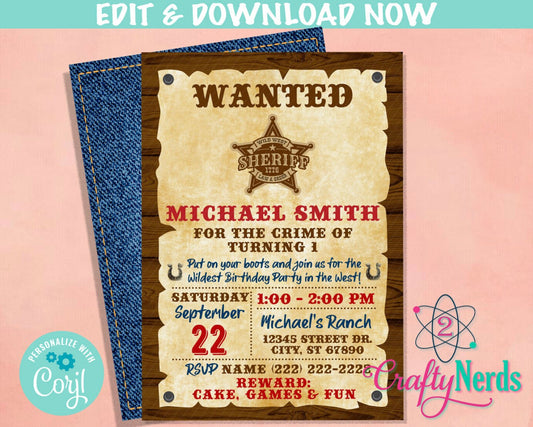 Wanted Cowboy Wild West Birthday Invitation With Photo, Western Party | Editable Instant Download | Edit Online NOW Corjl | INSTANT ACCESS