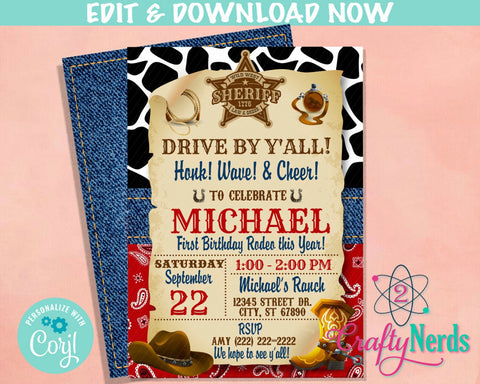 Drive By Cowboy Rodeo Birthday Invitation, Quarantine Birthday Parade | Editable Instant Download | Edit Online NOW Corjl | INSTANT ACCESS