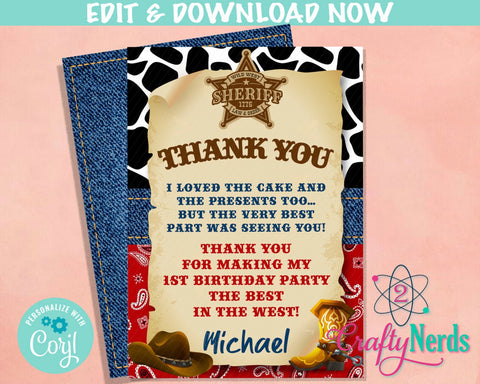 Cowboy Birthday Thank You Card, Cowboy Birthday, Cowboy Party  | Editable Instant Download | Edit Online NOW Corjl | INSTANT ACCESS T1