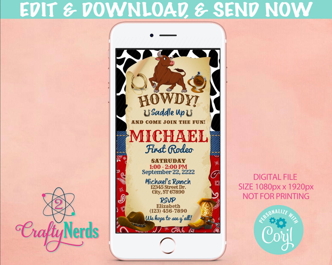 Cowboy Bull Rodeo Birthday Party Electronic Invitation, Rodeo Evite | Editable Instant Download | Edit Online NOW Corjl | INSTANT ACCESS