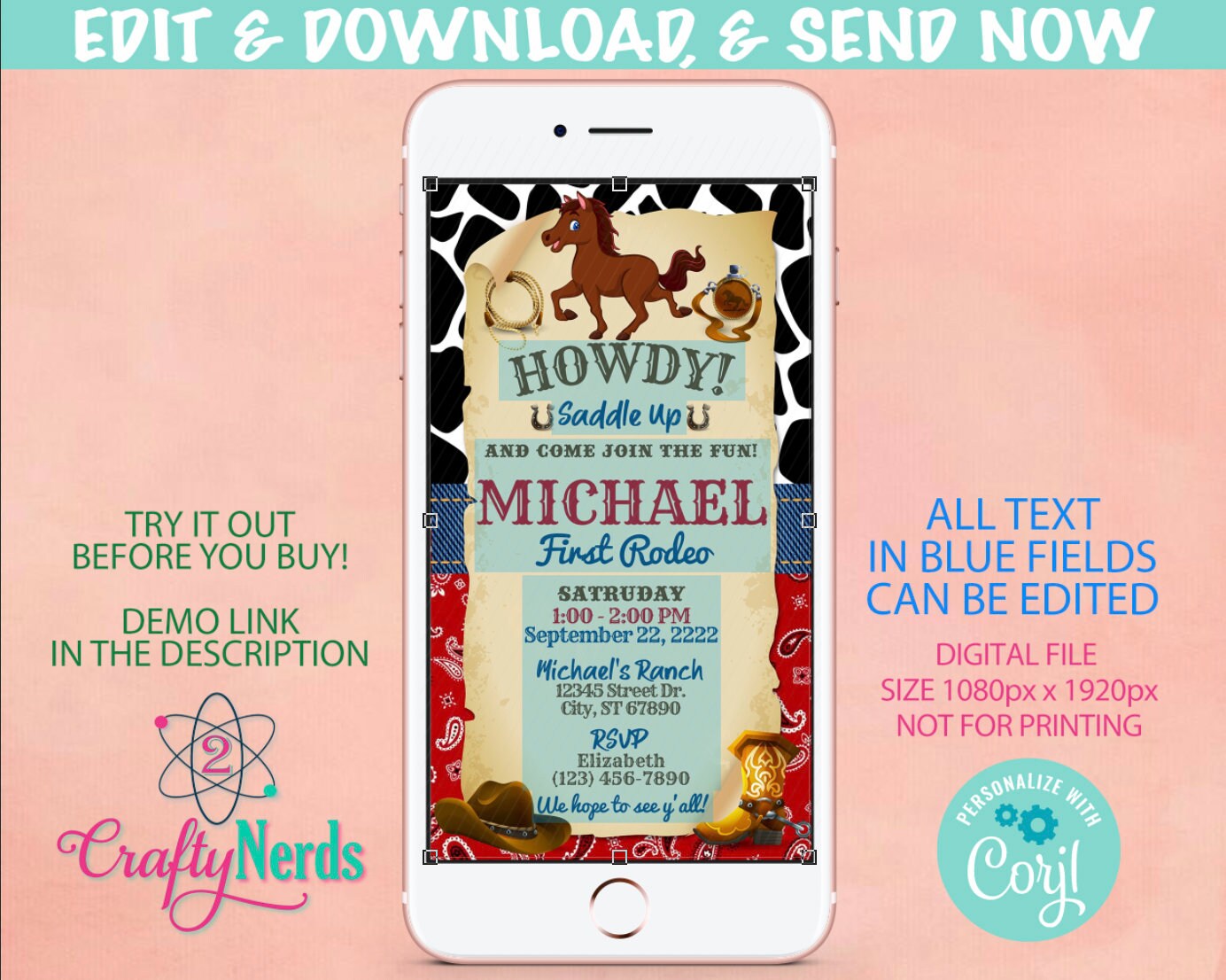 Cowboy Horse Rodeo Birthday Party Electronic Invitation, Rodeo Evite | Editable Instant Download | Edit Online NOW Corjl | INSTANT ACCESS