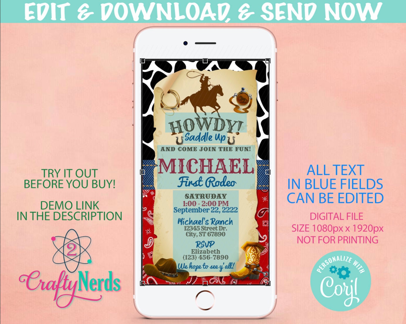 Cowboy Rodeo Birthday Party Electronic Invitation, Rodeo Evite | Editable Instant Download | Edit Online NOW Corjl | INSTANT ACCESS