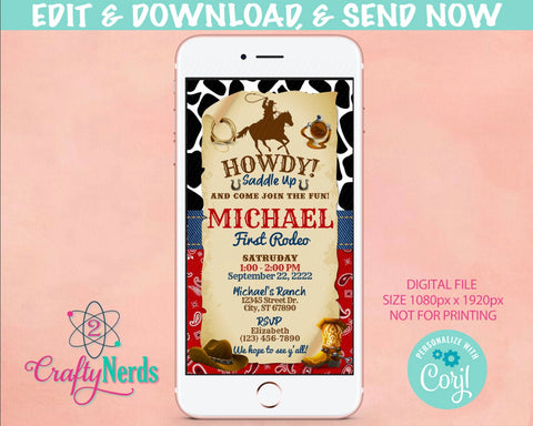 Cowboy Rodeo Birthday Party Electronic Invitation, Rodeo Evite | Editable Instant Download | Edit Online NOW Corjl | INSTANT ACCESS