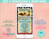 Wanted Cowboy Sheriff Birthday Party Electronic Invitation, West Evite | Editable Instant Download | Edit Online NOW Corjl | INSTANT ACCESS