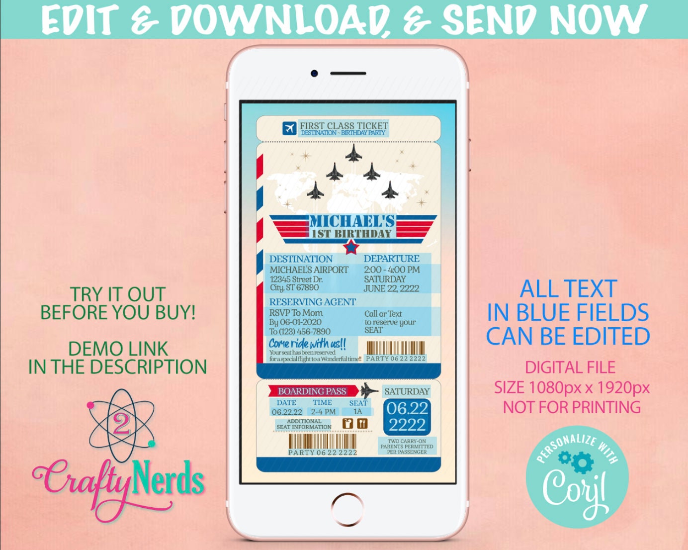 Jet Airplane Ticket Birthday Party Electronic Invitation, Jets Evite | Editable Instant Download | Edit Online NOW Corjl | INSTANT ACCESS