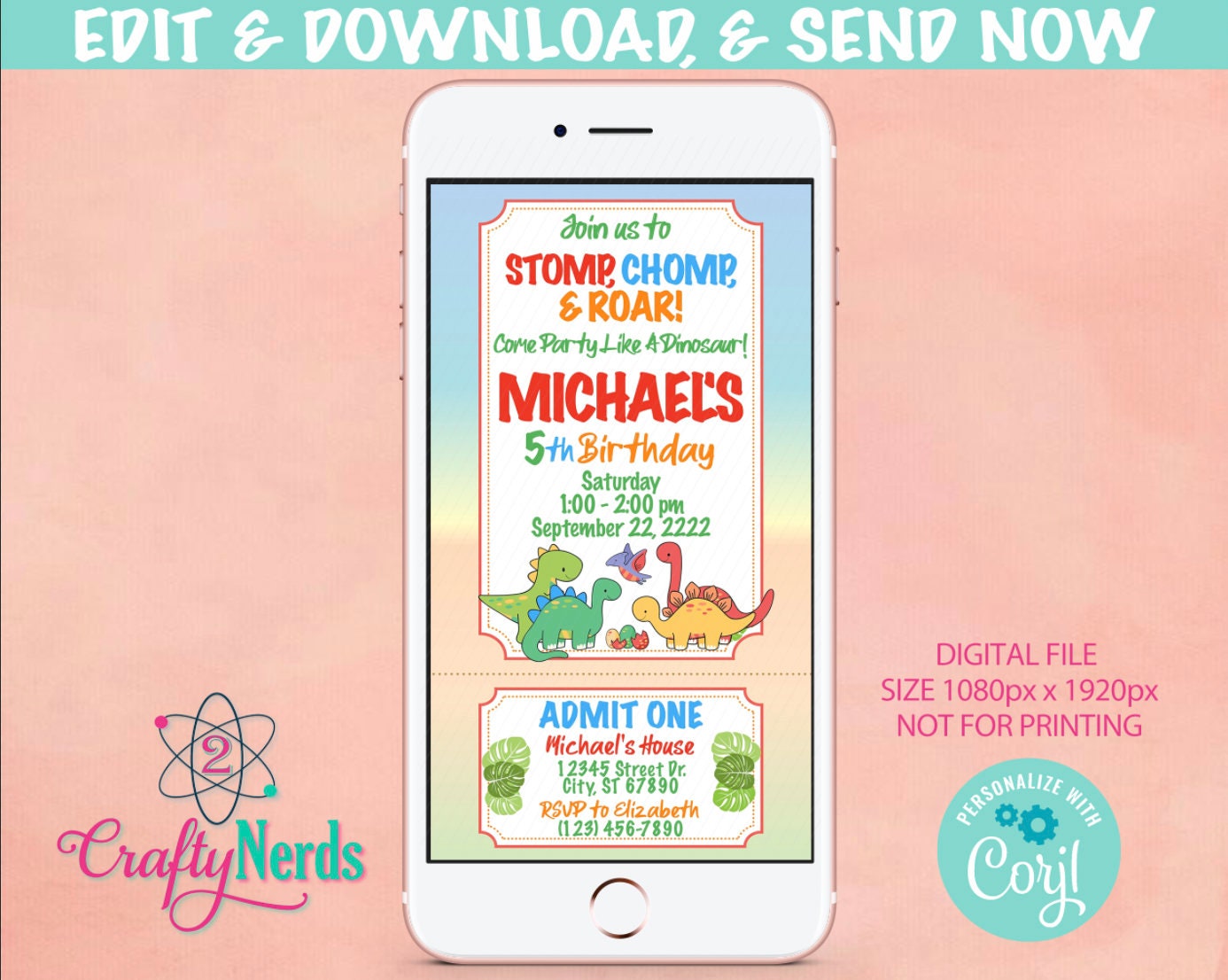 Dinosaur Ticket Birthday Party Electronic Invitation, Dinosaur Evite | Editable Instant Download | Edit Online NOW Corjl | INSTANT ACCESS