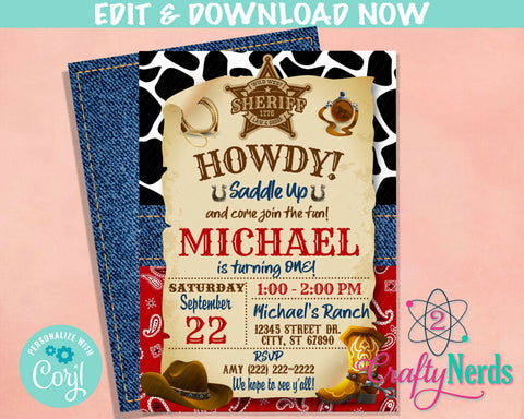 Cowboy Wild West Birthday Invitation, Western Party | Editable Instant Download | Edit Online NOW Corjl | INSTANT ACCESS