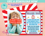 Circus Carnival Birthday Thank You Card With Photo, Circus Party | Editable Instant Download | Edit Online NOW Corjl | INSTANT ACCESS