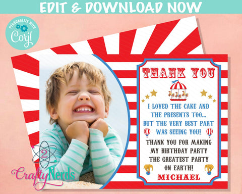 Circus Carnival Birthday Thank You Card With Photo, Circus Party | Editable Instant Download | Edit Online NOW Corjl | INSTANT ACCESS