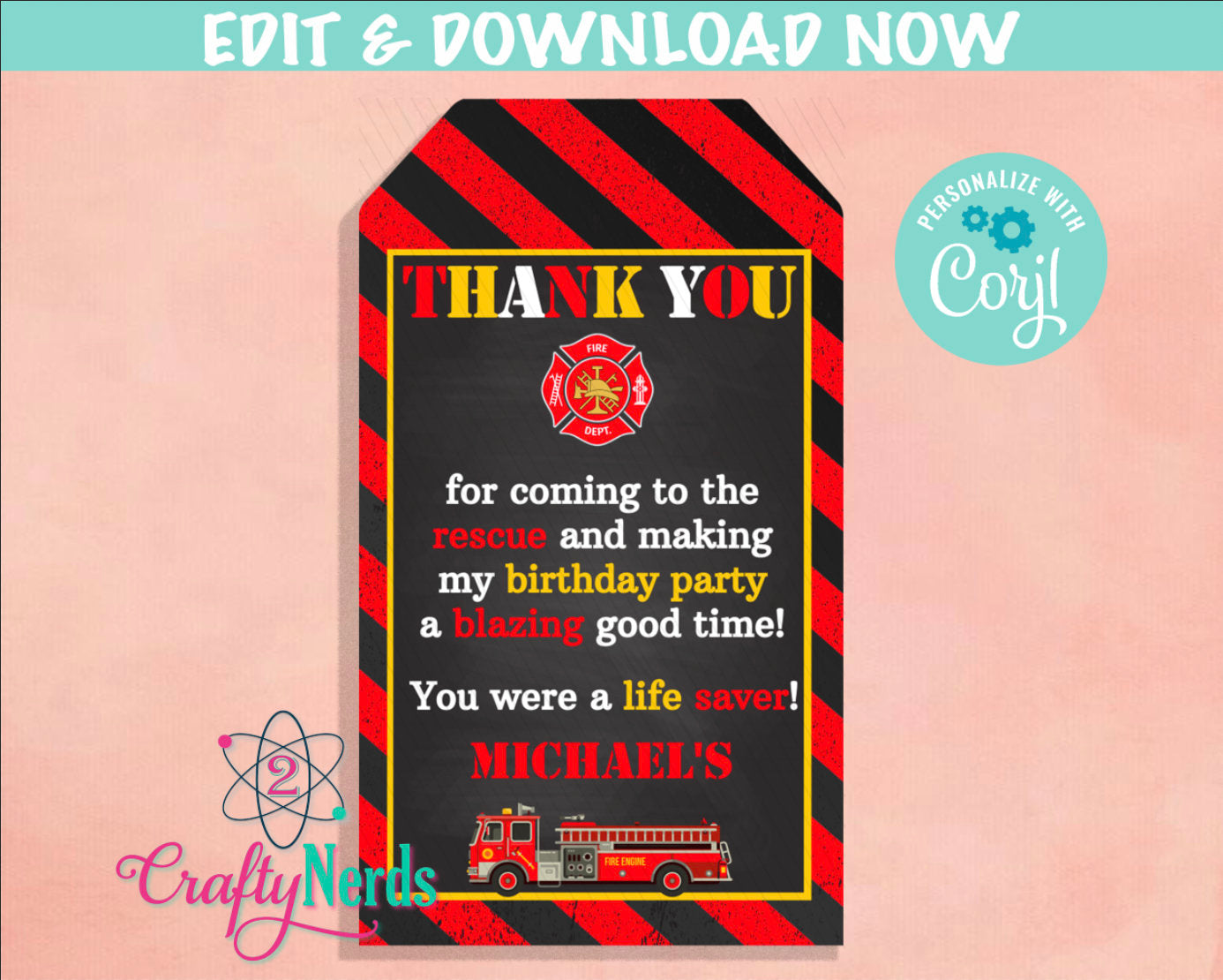 Firefighter Birthday Invitation With Photo, Fire Truck, Fireman Party | Editable Instant Download | Edit Online NOW Corjl | INSTANT ACCESS