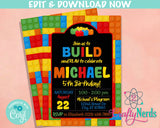 Colorful Building Blocks Birthday Invitation, Bricks Party Invitation | Editable Instant Download | Edit Online NOW Corjl | INSTANT ACCESS