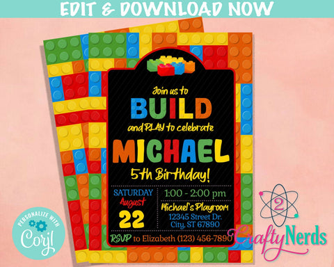 Colorful Building Blocks Birthday Invitation, Bricks Party Invitation | Editable Instant Download | Edit Online NOW Corjl | INSTANT ACCESS