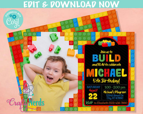 Colorful Building Blocks Birthday Invitation with photo, Bricks invite | Editable Instant Download | Edit Online NOW Corjl | INSTANT ACCESS