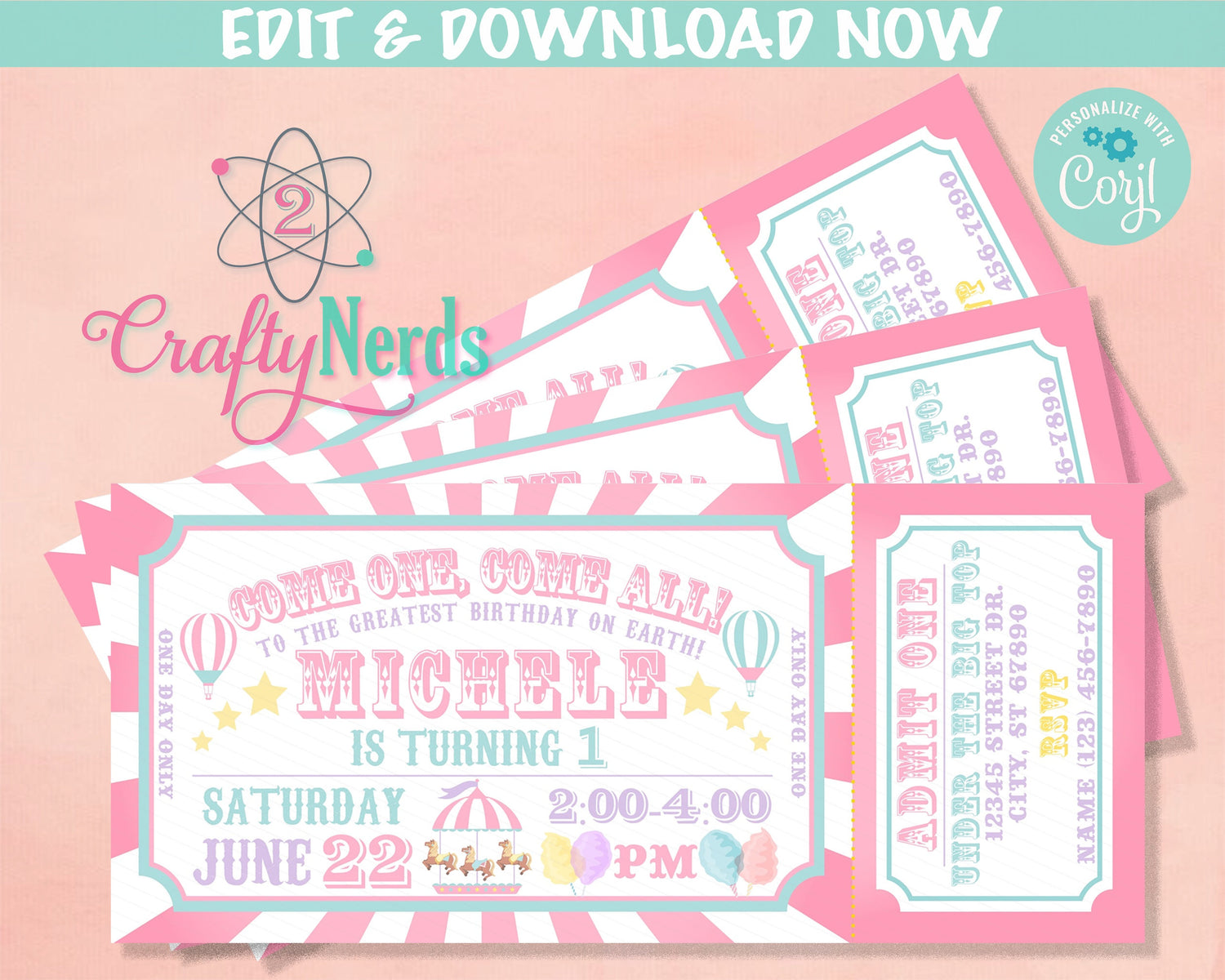Carnival Ticket Birthday Invitation Pastel, Circus invitation Pastel | Editable Instant Download Edit Online NOW Corjl | INSTANT ACCESS