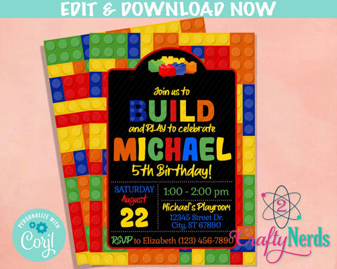 Colorful Building Blocks Birthday Invitation, Bricks Party Invitation | Editable Instant Download | Edit Online NOW Corjl | INSTANT ACCESS