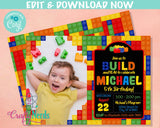 Colorful Building Blocks Birthday Invitation with photo, Bricks invite | Editable Instant Download | Edit Online NOW Corjl | INSTANT ACCESS