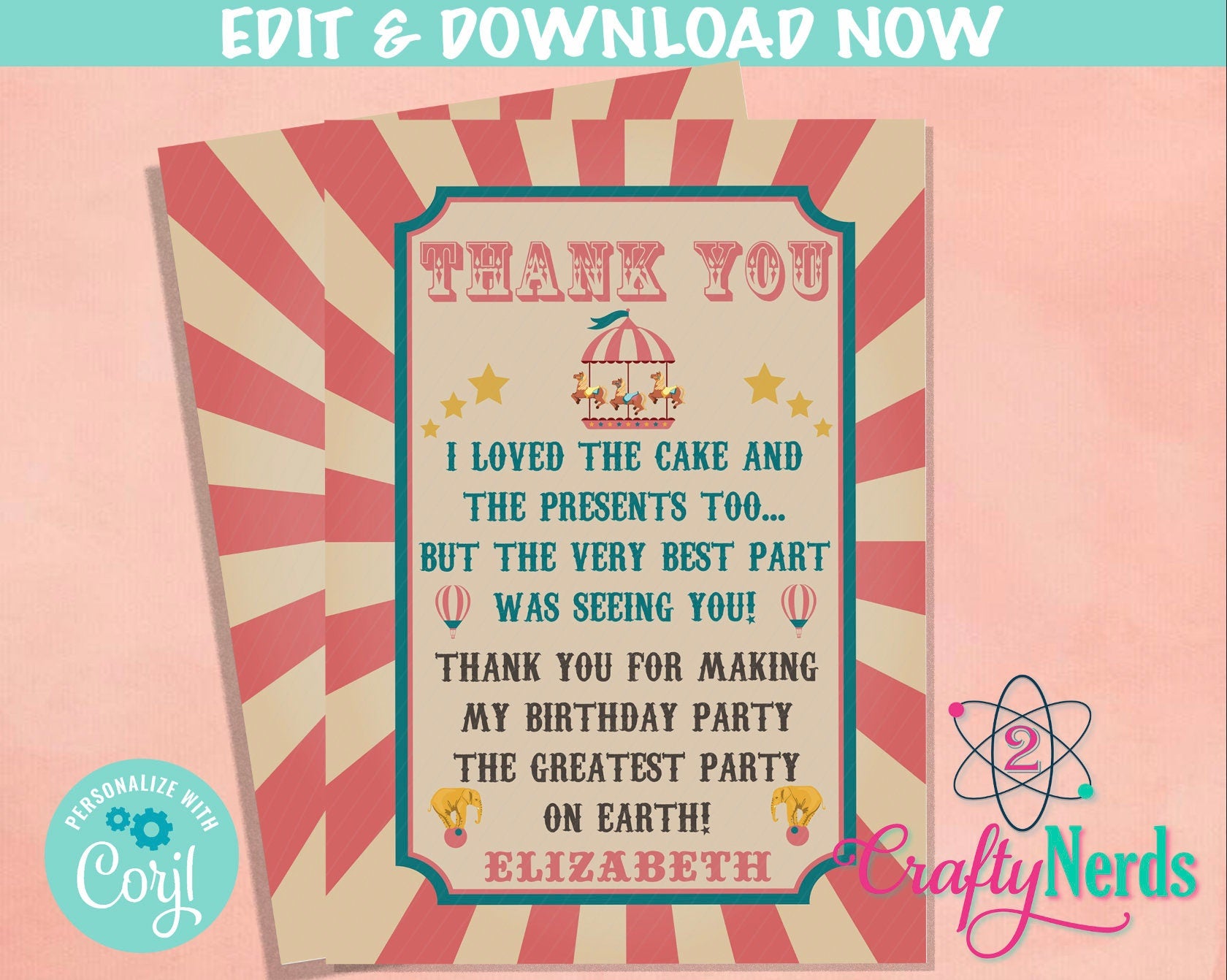 Circus Carnival Ticket Birthday Party Electronic Invitation, Pink Evite | Editable Instant Download | Edit Online NOW Corjl | INSTANT ACCESS